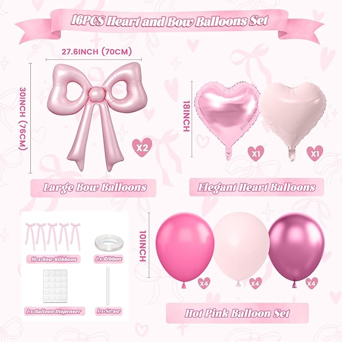 Pink Heart and Bow Balloons, 38 Inch Bow Balloons, Hot Pink Metallic Balloon Helium with Bow Ribbons for Anniversary Engagement Birthday Wedding Bridal Baby Shower Valentines Day Decorations