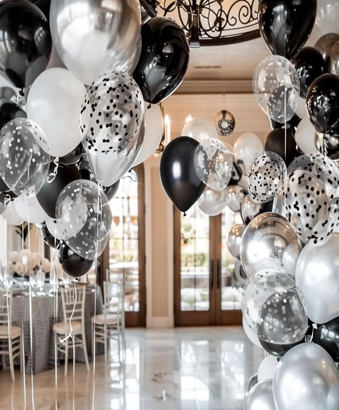 300 Pcs Black Silver Confetti Balloons Set Lncludes 12 inch Black White Silver and Confetti Balloon for Birthday Party Supplies Wedding Graduation Decorations