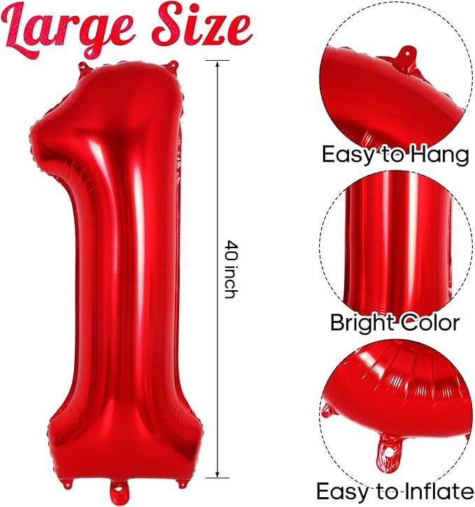 Red Number 1 Balloon 40 Inch, Big Large Foil Helium Number Balloons, Jumbo Giant Mylar Number 1 Balloons for 1st first Birthday Party Decorations Supplies Anniversary