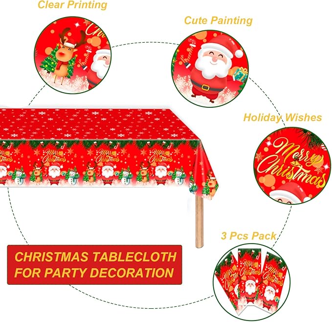 3 Pcs Plastic Christmas Tablecloths, 54*108 Inch Disposable Tablecloths with Santa Claus & Reindeer Pattern for Rectangle Tables, Merry Christmas Party Decoration (3 Pack)