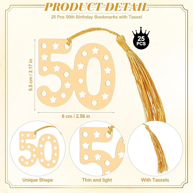 Spakon 25 Set 50th Birthday Party Favor for Guest Anniversary Party Favor Golden Birthday Bookmark Thanks for Coming Pen with Tag Appreciation Gifts for Women Men Wedding New Year