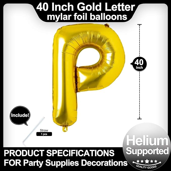 40 Inch Gold Letter P Balloons, DIY Phrase Foil Alphabet Letter P Balloons DIY Word P Banner for Birthday Anniversary Celebration Graduation Party Supplies Decoration