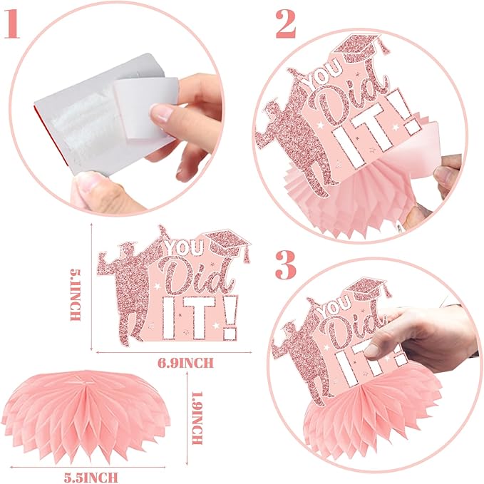 12pcs Graduation Table Decorations 2026,Pink Rose Gold Graduation Decorations Graduation Centerpieces for Tables Class of 2026 Centerpieces Honeycomb for 2026 Congrats Grad Table Decor (Pink)