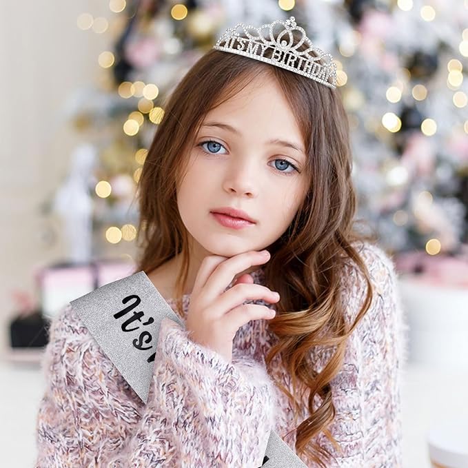 CAVETEE Birthday Crowns for Women - Its My Birthday Sash and Crown Set for Adult Women - Silver