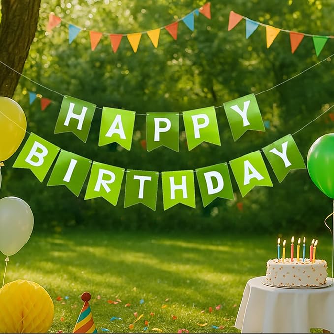 Green Happy Birthday Banner - Hanging Backdrop Sign with White Letters, Happy Birthday Sign Bunting Decorations for Women men Kids Baby Shower Party Supplies (13pcs)