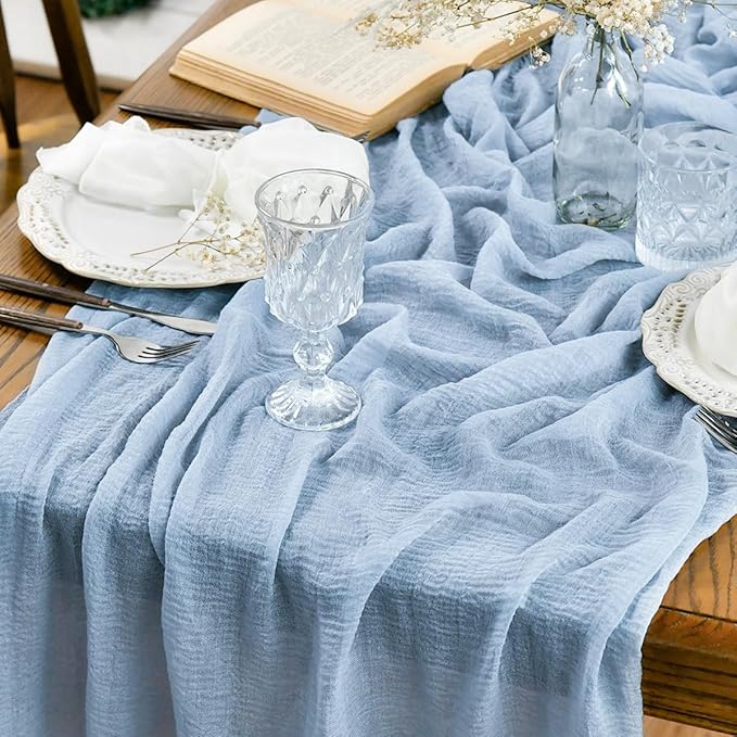 Artoid Mode Boho Ice Blue Gauze 3 Pieces Wedding Table Runner, 120 Inch Seasonal Fabric Kitchen Dining Holiday Table Decor for Home Party Indoor
