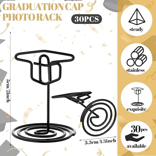 Rtteri 30 Pcs Grad Cap Graduation Picture Display 2 Inch Black Photo Holders for Centerpieces Graduation Table Number Holders Card Stands for Class of 2026 Grad Party Supplies