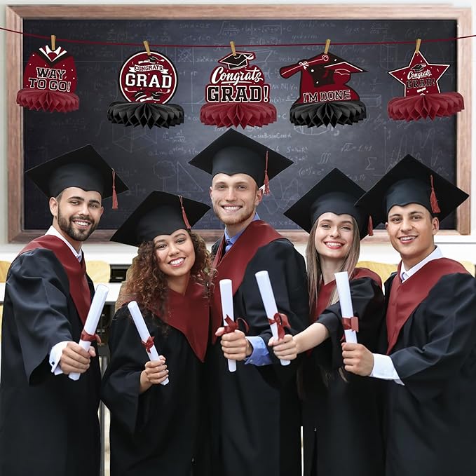 9PCS Graduation Party Decorations Class of 2026 Congrats Grad Table Centerpiece Congratulate Graduation Honeycomb Table Toppers for Graduation Party Supplies(Maroon,Black）