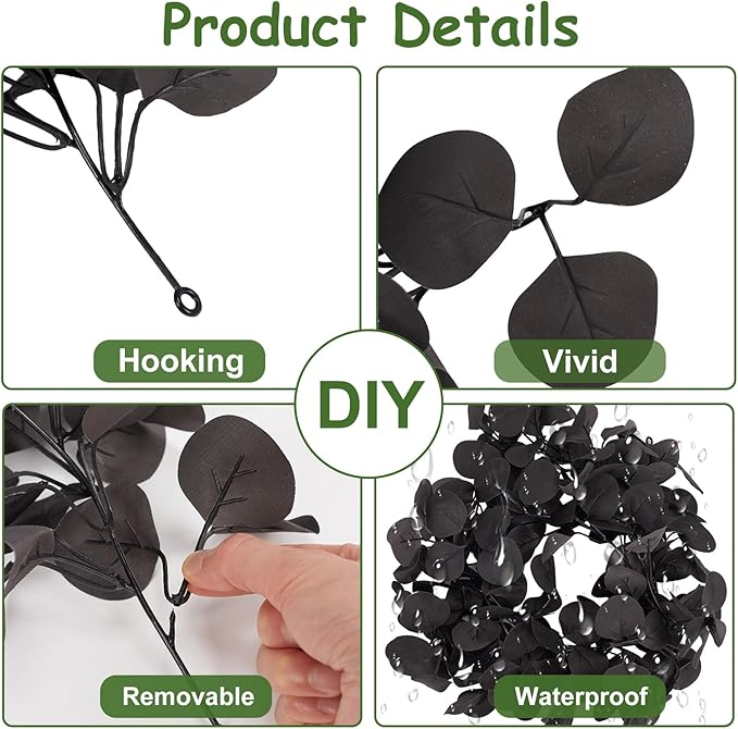 2 Pack Artificial Eucalyptus Garland, 5.91FT Faux Black Eucalyptus Leaves Vines for Wedding Arch, Table Centerpiece, Wall Decor, Indoor Outdoor Party Fireplace Backdrop Halloween Decoration