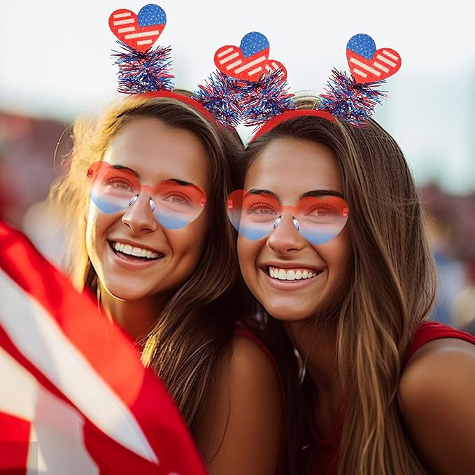 Semato 2 PCS Patriotic Party Accessories Heart 4th of July Headband and Red White Blue Heart Sunglasses