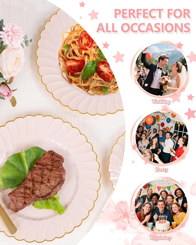 YOUBET 175PCS Pink Scalloped Plastic Plates - Gold Disposable Dinnerware Set Include 50 Plates, 75 Gold Silverware, 25 Cups, 25 Napkins for Party & Wedding & Baby Shower Easter Mothers Day