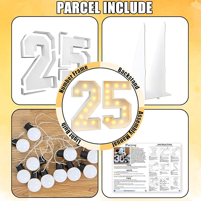 4ft Light Up Numbers 25 Number with Lights Bulbs White Marquee Frame Slots-in for 25th Birthday Party Decorations Pre-Cut Mosaic Cardboard Large Cut-Out Thick Foam Board 25 Sign Graduation New Year