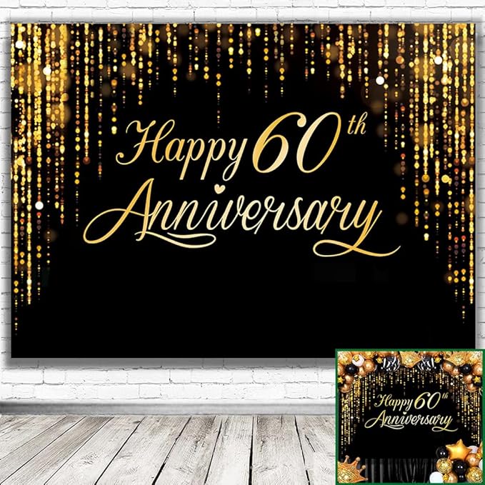 Happy 60th Annverisary Background Decorations Black Gold Backdrop Banner, Large Black Gold Photography Background Suitable for Wedding Anniversary Party Birthday Party Decoration 84 * 60''