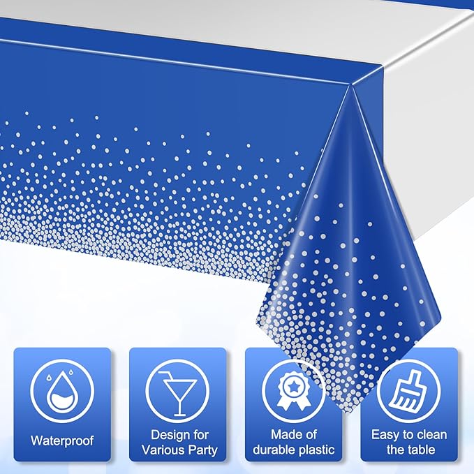 6Pcs Blue and Silver Tablecloth Party Decorations,Plastic Royal Blue Table Cloth Printed Silver Table Runner Disposable Rectangle Cover for Anniversary Wedding Graduation 2025 Party,54 x108 Inch