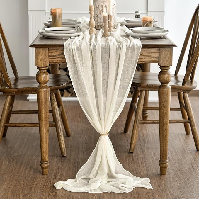 Artoid Mode Boho Beige Gauze 6 Pieces Wedding Table Runner, 120 Inch Birthday Fabric Kitchen Dining Holiday Table Decor for Home Party Indoor