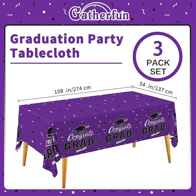 Gatherfun Graduation Party Decorations, Gongrats Grad Tablecover for Graduation Party Supplies, 3 pcs Purple Table Cloths, 54"x108"