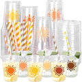 Whaline 60Pcs Boho Sun Disposable Plastic Cups With Lids And Straws 12 oz Colorful Sunshine Pattern Cold Beverage Drinking Cup For First Birthday Baby Shower Party