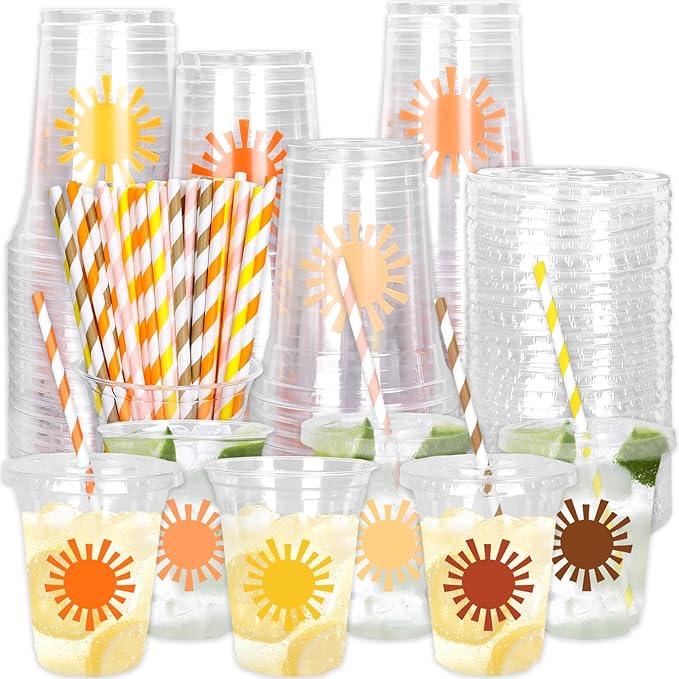 Whaline 60Pcs Boho Sun Disposable Plastic Cups With Lids And Straws 12 oz Colorful Sunshine Pattern Cold Beverage Drinking Cup For First Birthday Baby Shower Party