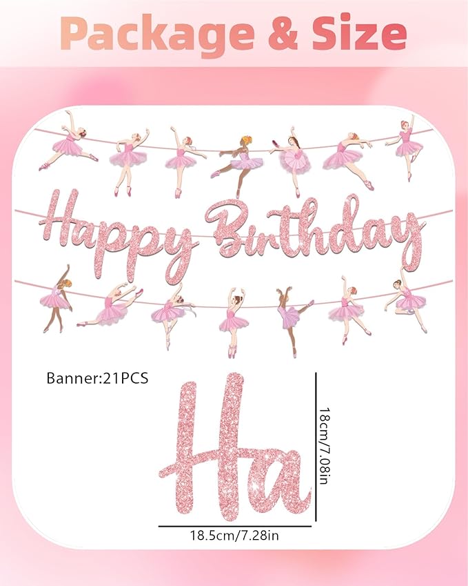 25Pcs Ballerina Birthday Party Decorations Pink Ballet Girls Happy Birthday Banners Pink White Latex Balloons Star and Heart Foil Balloons Baby Shower Party Supplie