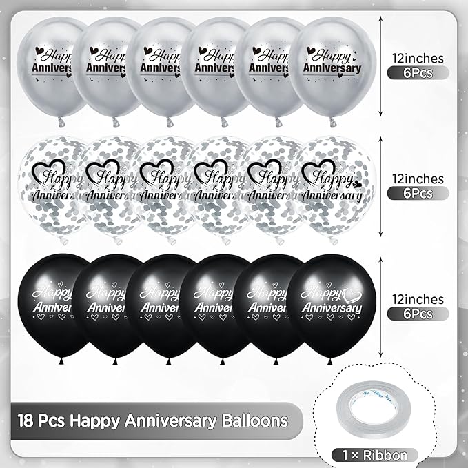 Happy Anniversary Balloons 18Pcs Black Silver Party Decorations for Women Men 12Inch Metallic Confetti Balloons for Indoor Outdoor Party Supplies