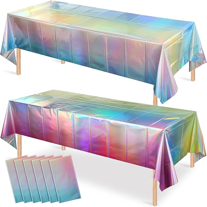 6 Pack Iridescent Pastel Plastic Tablecloth, Shiny Disposable Laser Rectangle Table Covers, Holographic Foil Tablecloth Iridescent Party Decorations for Spring Easter Baby Shower Birthday, 54x108Inch