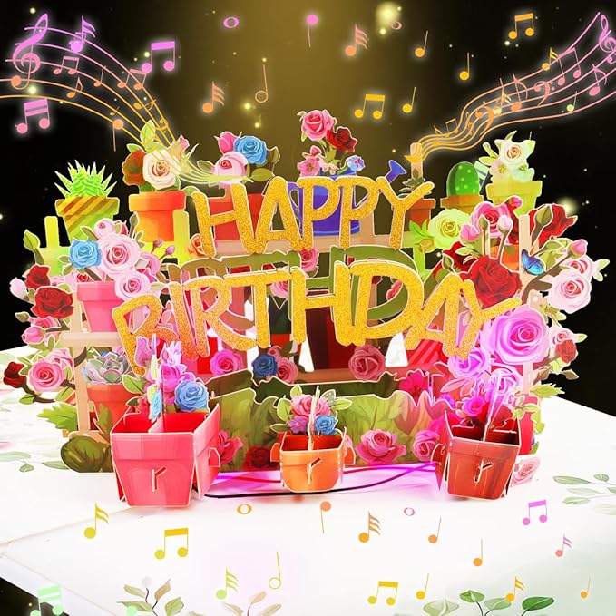 3D Musical Birthday Card for Women, Light & Music Flower Birthday Cards Pop Up for Mom, Happy Birthday Greeting Cards for Wife Grandma