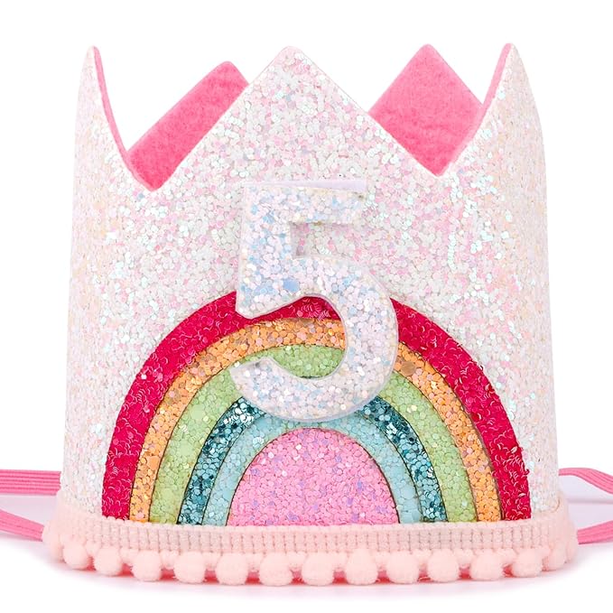Rainbow Birthday Hat for 5 Year Old Girl - 5th Birthday Decorations, Princess Tiara Crown, Birthday Headband, Party Photo Props Accessories