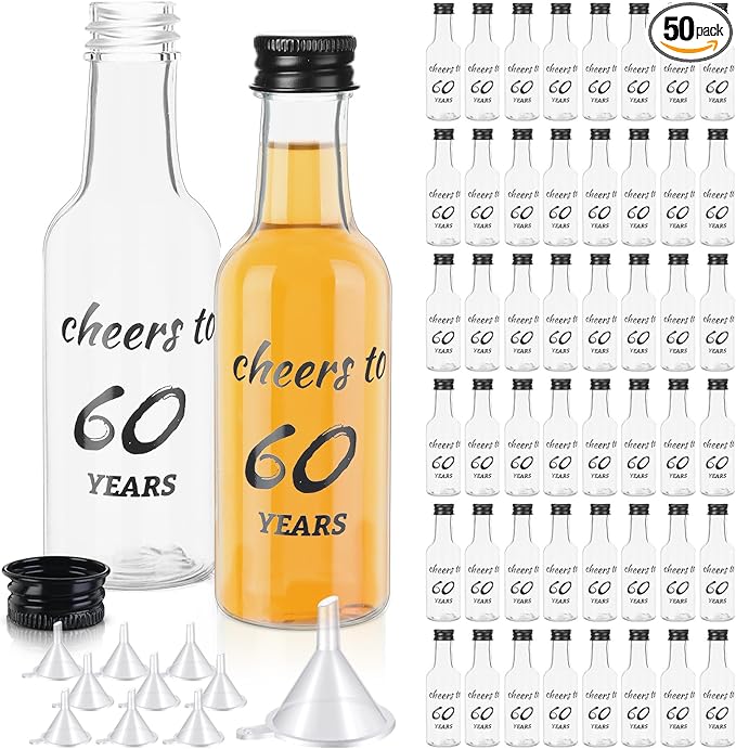 Bokon 50 Pcs Cheers to 60 Years Mini Liquor Bottles 1.7 oz Mini Wine Bottles for Guests Women Men 60th Birthday Anniversary Wedding Celebration Party Favors