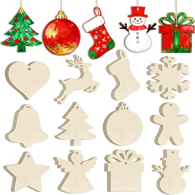 36PCS Wooden Christmas Ornaments to Paint, 12 Styles DIY Blank Unfinished Wood Reindeer Santa Claus Christmas Tree Ball Snowman Snowflake Angel Cutouts Ornament for Crafts Winter Hanging Decorations