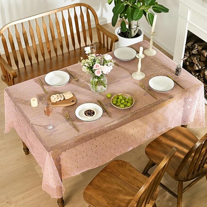 Horaldaily Pink Gold Sparkling Star Gauze Tablecloth 60x84 Inch Rectangular, Golden Star Sequin Glitter Metallic Foil, Sheer Tulle Cheesecloth for Wedding Baby Shower Party