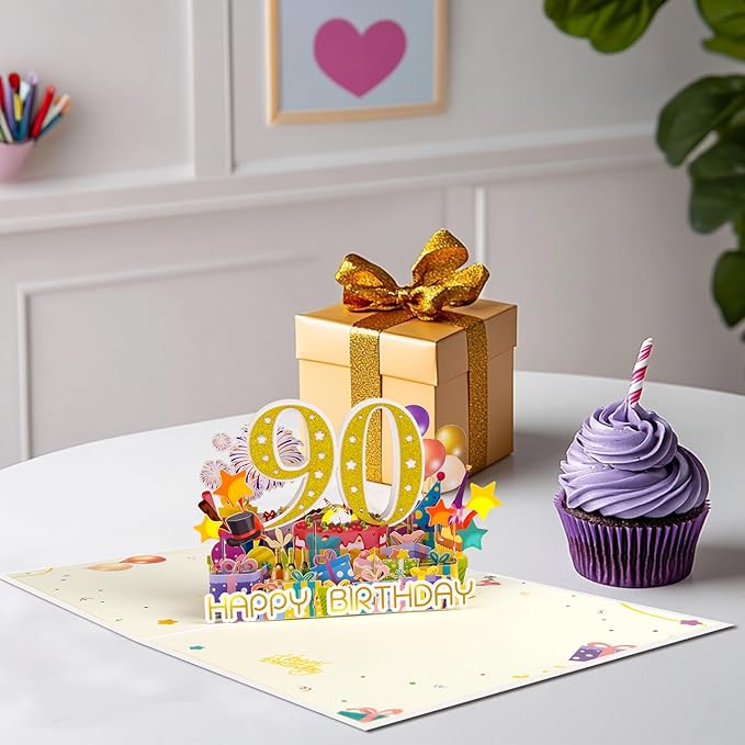 90 Years 0ld Firework Pop Up Happy Birthday Greeting Card, ideal love Gift for Adult and Kid with Blank Note & Envelope, Foldable Celebration for Daughter, Son, Mom, Dad, Friend, Children