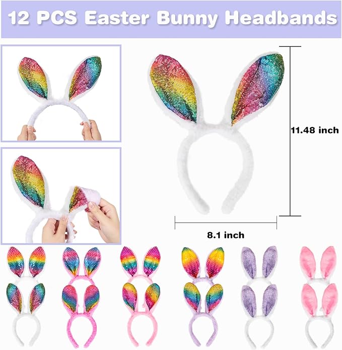 MGparty 12 PCS Easter Bunny Ears Headbands Colorful Rabbit Ear Hairband for Easter Party Decoration for Kids and Adult