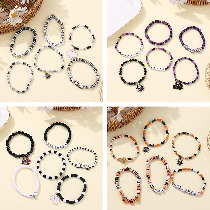 Cooluckday 36 Pcs Holiday Heishi Surfer Bracelets for Women Bulk Easter Mother's Day Christmas St. Patrick's Day Mardi Gras Bracelet Stackable Stretch Friendship Bracelets Set