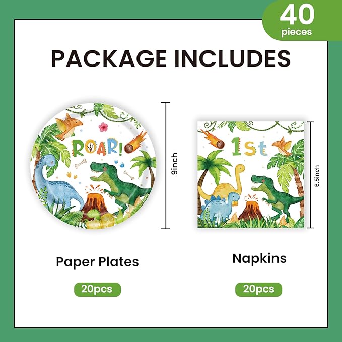 40pcs Watercolor Dinosaur Paper Plates and Napkins Party Supplies, 9 Inch Disposable Dinosaur Birthday Plates and Napkins Tableware Set for Kids Boys Birthday Decorations Serves 20
