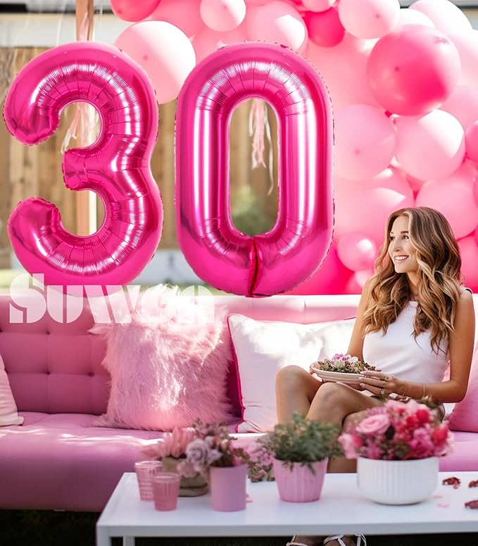SUWEN 40 Inch Large Hot Pink 30 Balloon Numbers Big Foil Helium Number Balloons 0-9 Jumbo Happy 30th Mylar Birthday Party Decorations for Women Anniversary Party Supplies