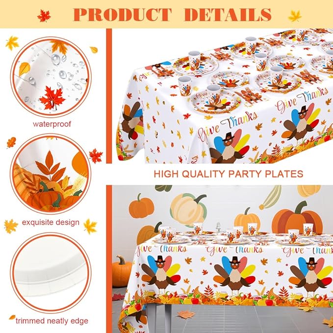 194Pcs Thanksgiving Party Tableware Decorations Supplies Turkey Paper Plates and Napkins Dinnerware Sets Thanksgiving Disposable Plates Set with Napkins and Tablecloth Serves 24