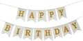 Happy Birthday Banner, Pre-Strung Burlap Happy Birthday Sign Garland, White and Gold Birthday Decorations for Girl Men Women