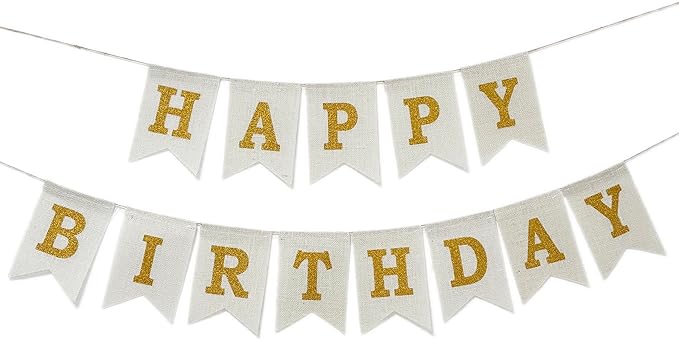 Happy Birthday Banner, Pre-Strung Burlap Happy Birthday Sign Garland, White and Gold Birthday Decorations for Girl Men Women