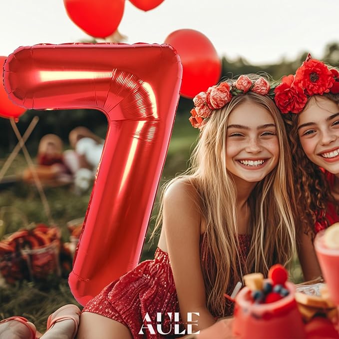 AULE 40 Inch Big Red 7 Balloon Number Large Foil Helium Number Balloons 0-9 Jumbo Giant Happy 7th Birthday Party Decorations for Boy or Girl Huge Mylar Anniversary Party Supplies