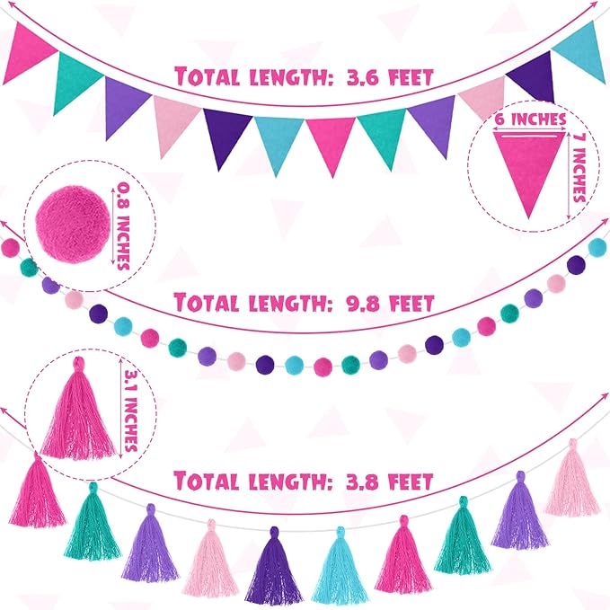 Irenare 9.8ft Pom Pom Garland Felt Rainbow Garland Graduation Party Decoration Colorful Pennant Tassel Banner Birthday Baby Shower Triangle Banner for Classroom School Mantel Fireplace(Mermaid Colors)