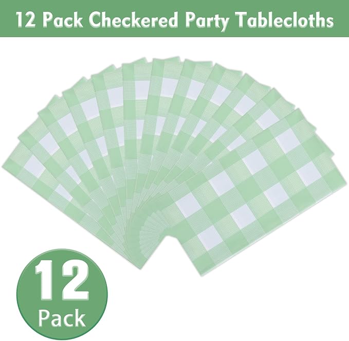 Kesfey 12 Packs Sage Green Gingham Tablecloth Sage Green and White Checkered Table Cloths 54 x 108 Inches Disposable Plastic Gingham Tablecovers Waterproof Picnic Camping Table Covers for Baby Shower
