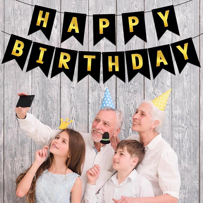 Black Happy Birthday Banner Sign Black Gold Bunting Banner Garland for Kids Girl Woman Birthday Tea Party Decorations Bunting Flag Birthday Party Supplies