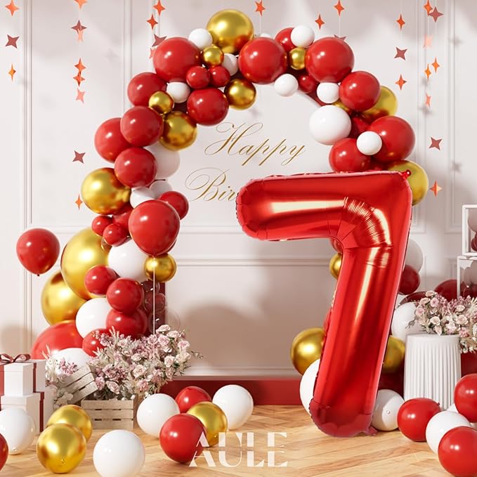 AULE 40 Inch Big Red 7 Balloon Number Large Foil Helium Number Balloons 0-9 Jumbo Giant Happy 7th Birthday Party Decorations for Boy or Girl Huge Mylar Anniversary Party Supplies