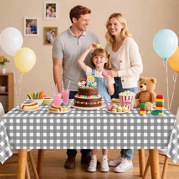 4 Pack Grey Gingham Tablecloths, Grey and White Checkered Tablecloths 86 x 51 Inches Gingham Tablecovers Rectangular Waterproof Picnic Table Covers for Birthday Party Supplies