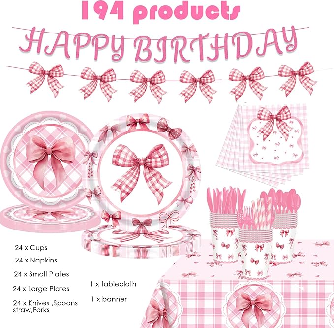 194PCS Pink Bow Plates Birthday Decorations for 24 Guests – GalaHub Coquette Party Supplies with Bow Cups, Cutlery, Tablecloth & Banner – Bow-Themed Party Decor for Girls & Women