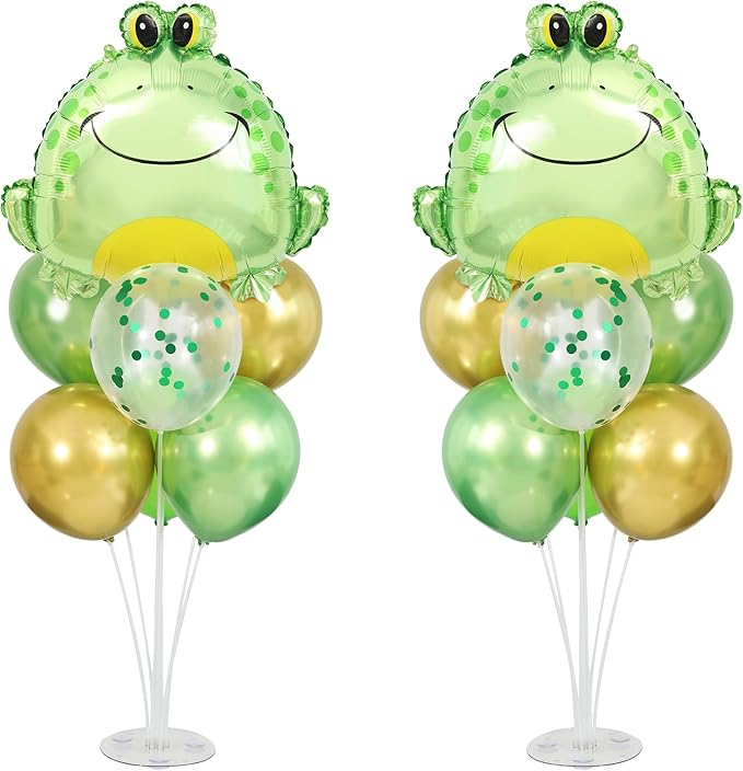 Frog Balloons Centerpieces for Tables 2 Sets, Green Frog Balloons Stands for Table, Frog Birthday Party Decorations with Frog Head Aluminum Foil Balloons for Frog Birthday Decorations