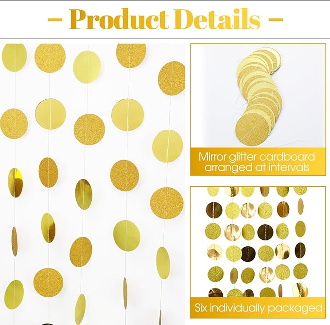 Syhood 6 Pcs Party Decorations Paper Dot Circle Garlands Glitter Streamers Hanging Banner Decor for New Year Baby Shower Wedding Birthday Backdrop Supplies (Mirror Gold)