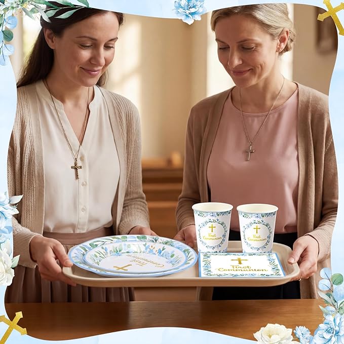 Pickmesh 250 Pcs Blue First Holy Communion Disposable Tableware Set God Bless Baptism Disposable Paper Plates Napkins and Cups for Boys Christening Celebration Baby Shower Religious Supplies Serve 50