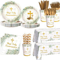 194 Pcs Greenery First Holy Communion Baptism Party Decorations Supplies Mi Primera Comunion Party Decorations God Bless Disposable Tableware Set with Plates Napkins and Tablecloth Serves 24