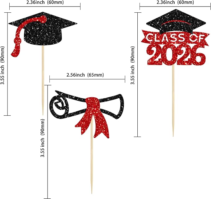 Gyufise 24Pcs 2026 Graduation Theme Cupcake Toppers Glitter Diploma Graduation Cap Cupcake Picks Class of 2026 Cake Decorations for 2026 Grad Theme Party Supplies Black Red